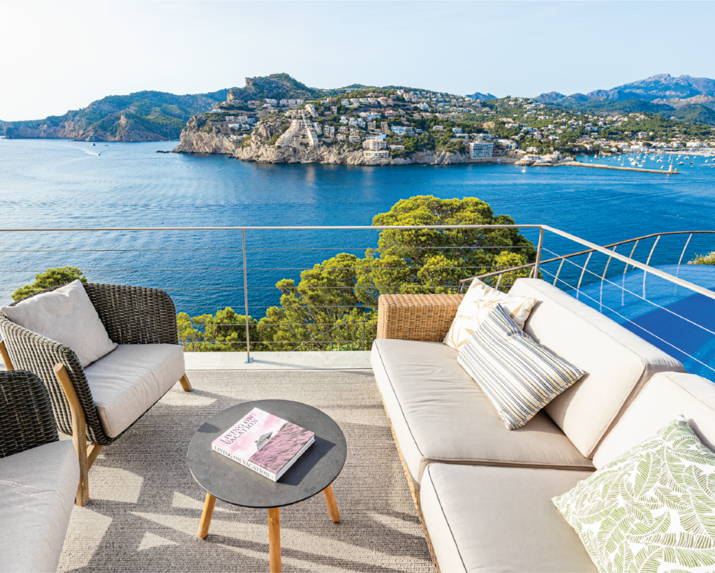 Luxury villa in Mallorca with lush panoramic views of yacht-filled Port Andratx.